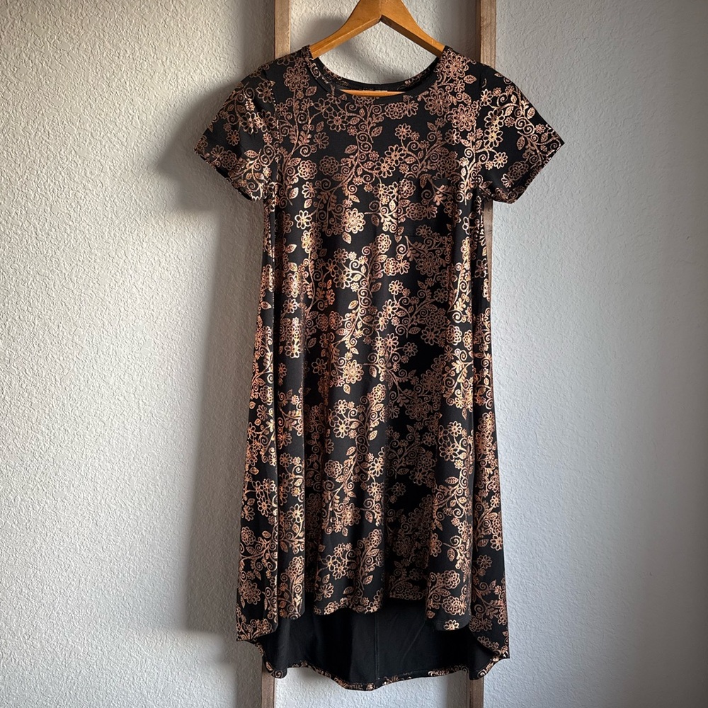 LuLaRoe Carly Swing Black & Metallic Bronze Floral Dress NWOT sz: XXS